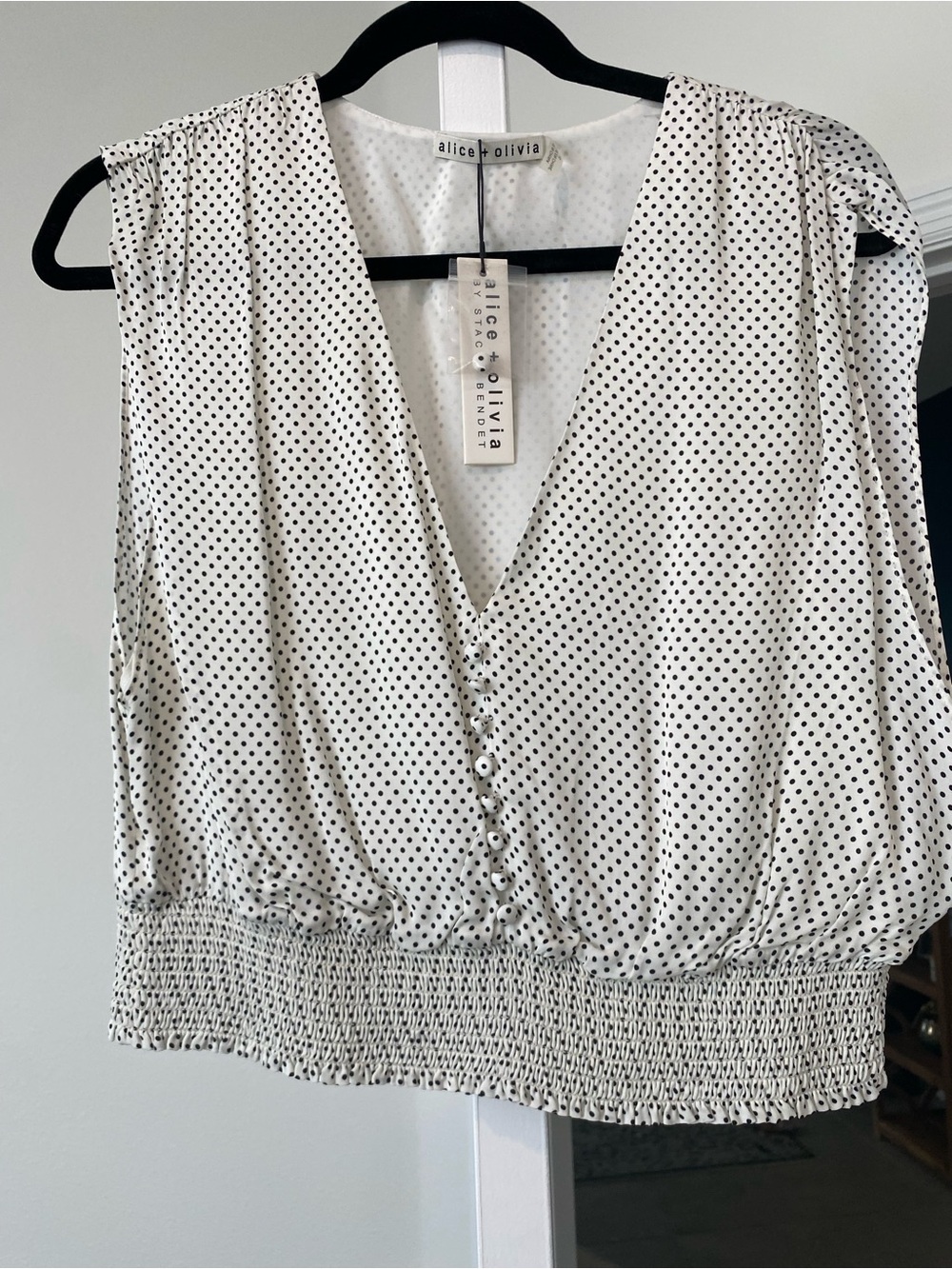 Alice + Olivia White and Black Polka Dot V-Neck Sleeveless Top